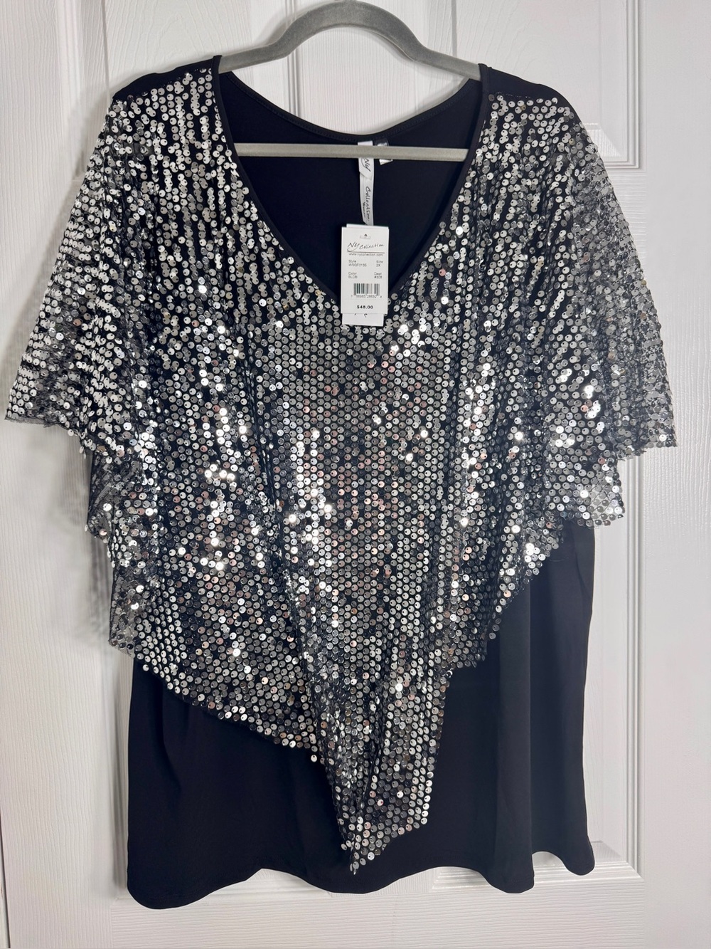 NWT NY Collection Sequin Poncho Top Black Silver Discoball Sz 2X.